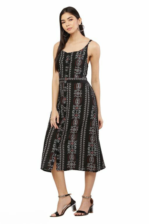 PAVONINE Black Color Printed Shoulder Strap Dress For Women