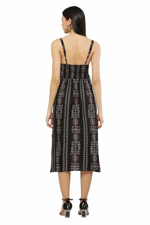 PAVONINE Black Color Printed Shoulder Strap Dress For Women