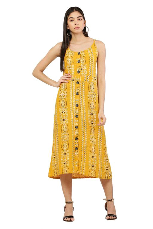 PAVONINE Mustard Color Printed Shoulder Strap Dress For Women