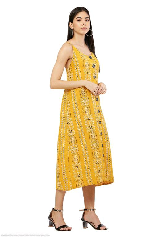 PAVONINE Mustard Color Printed Shoulder Strap Dress For Women