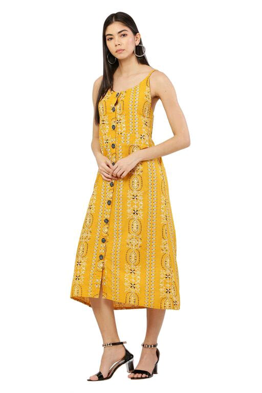 PAVONINE Mustard Color Printed Shoulder Strap Dress For Women