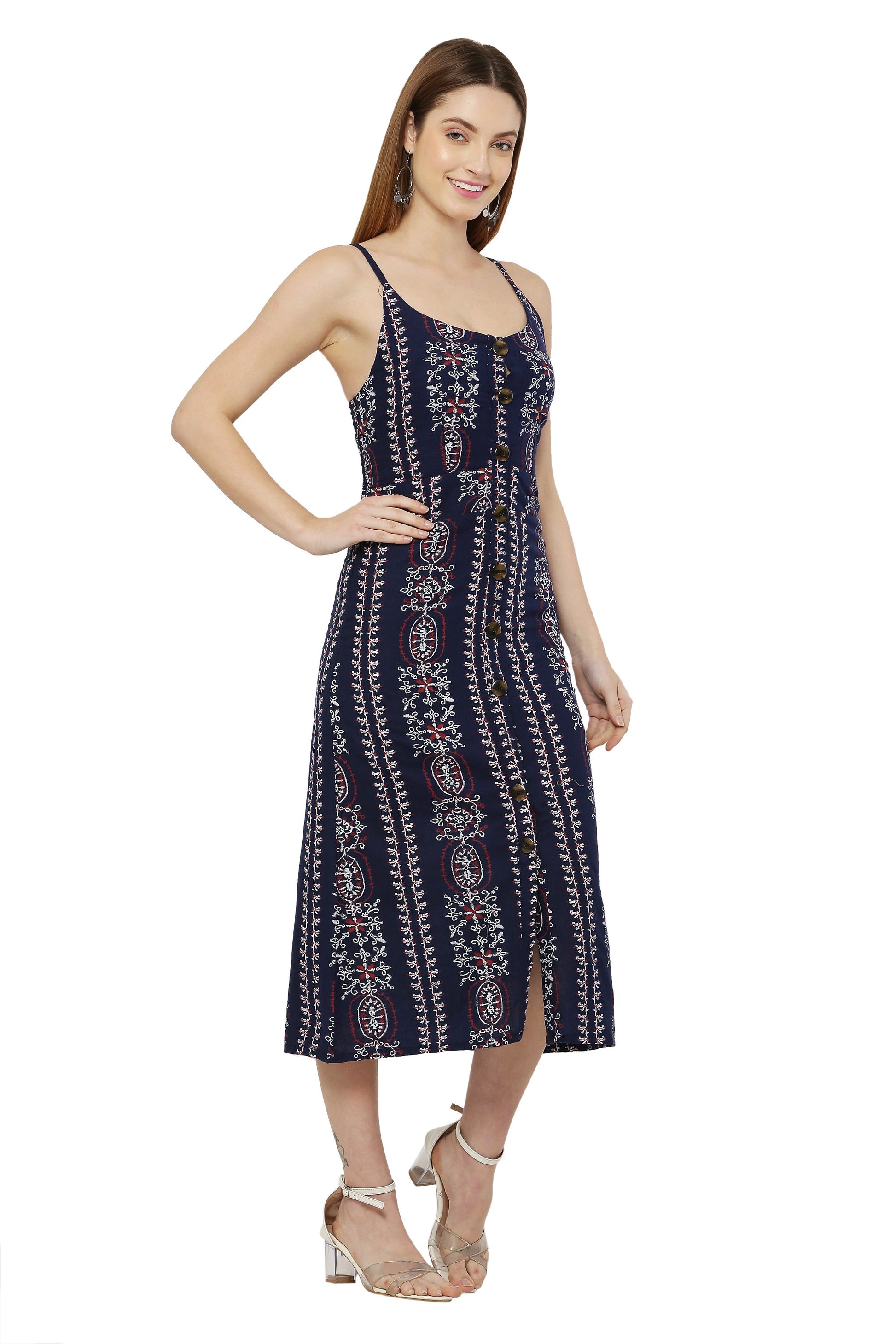 PAVONINE Navy Blue Color Printed Shoulder Strap Dress For Women