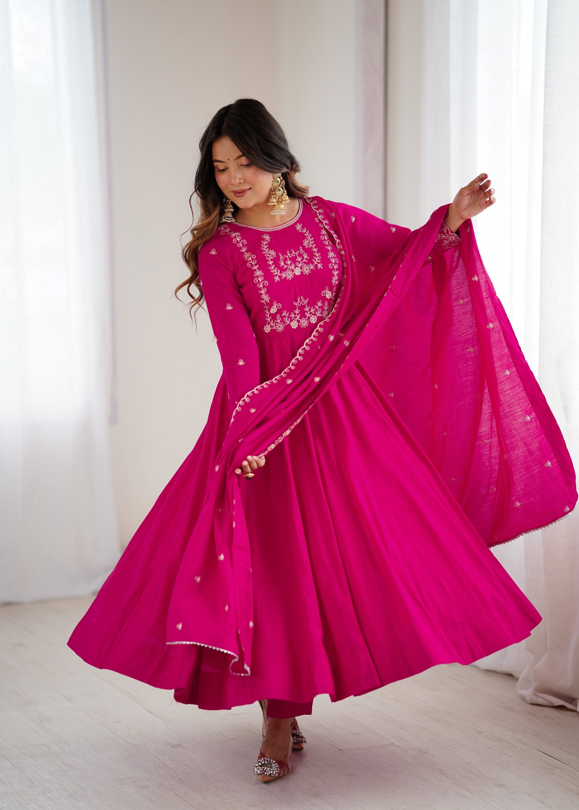 Lorenvalley Fashion Darkpink Pure Roman Chanderi Silk Yoke Fancy Handwork Beads Work Anarkali Gown Pant With Dupatta Set 