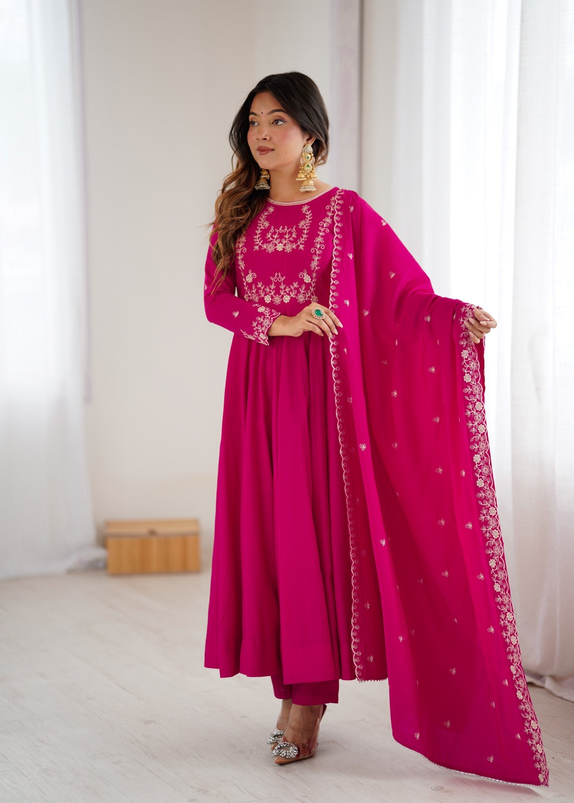 Lorenvalley Fashion Darkpink Pure Roman Chanderi Silk Yoke Fancy Handwork Beads Work Anarkali Gown Pant With Dupatta Set 