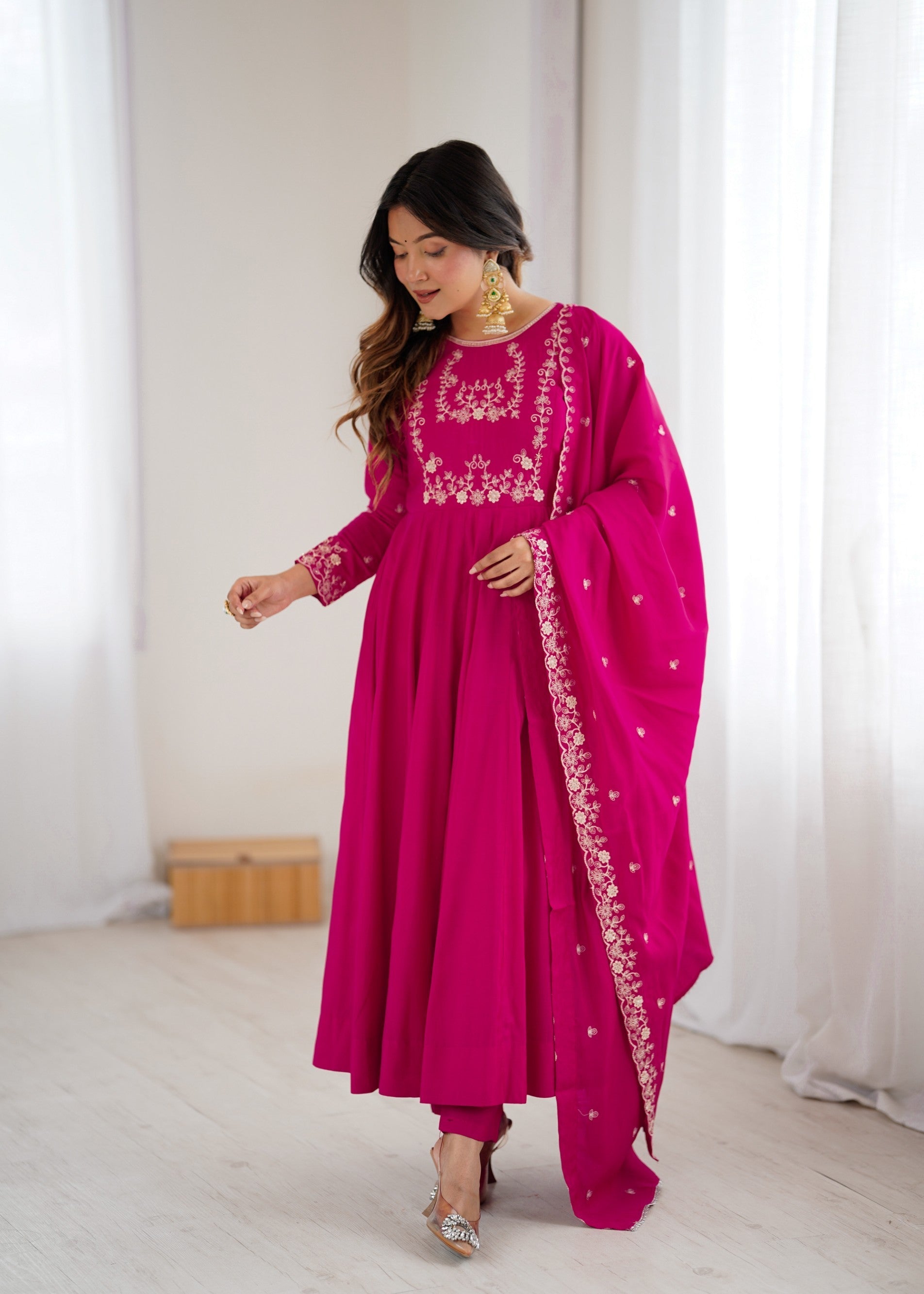 Lorenvalley Fashion Darkpink Pure Roman Chanderi Silk Yoke Fancy Handwork Beads Work Anarkali Gown Pant With Dupatta Set 