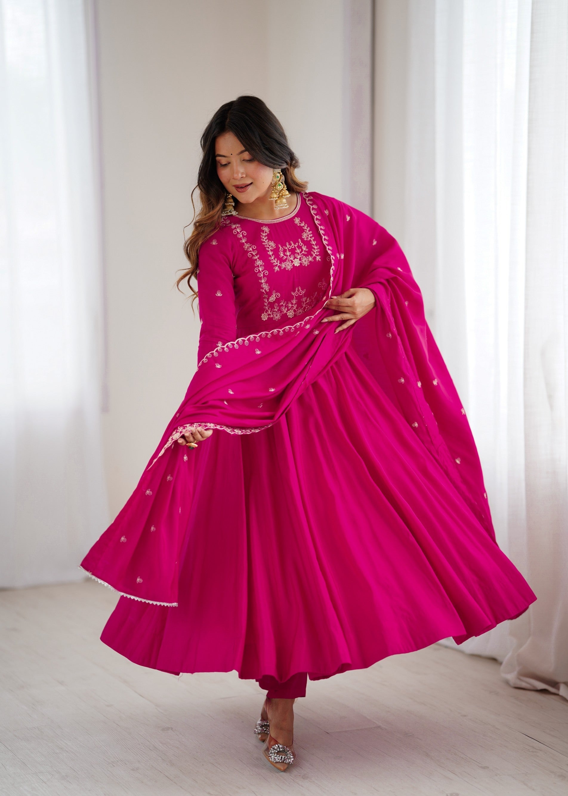 Lorenvalley Fashion Darkpink Pure Roman Chanderi Silk Yoke Fancy Handwork Beads Work Anarkali Gown Pant With Dupatta Set 