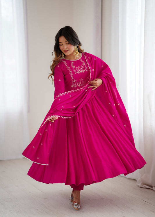 Lorenvalley Fashion Darkpink Pure Roman Chanderi Silk Yoke Fancy Handwork Beads Work Anarkali Gown Pant With Dupatta Set 