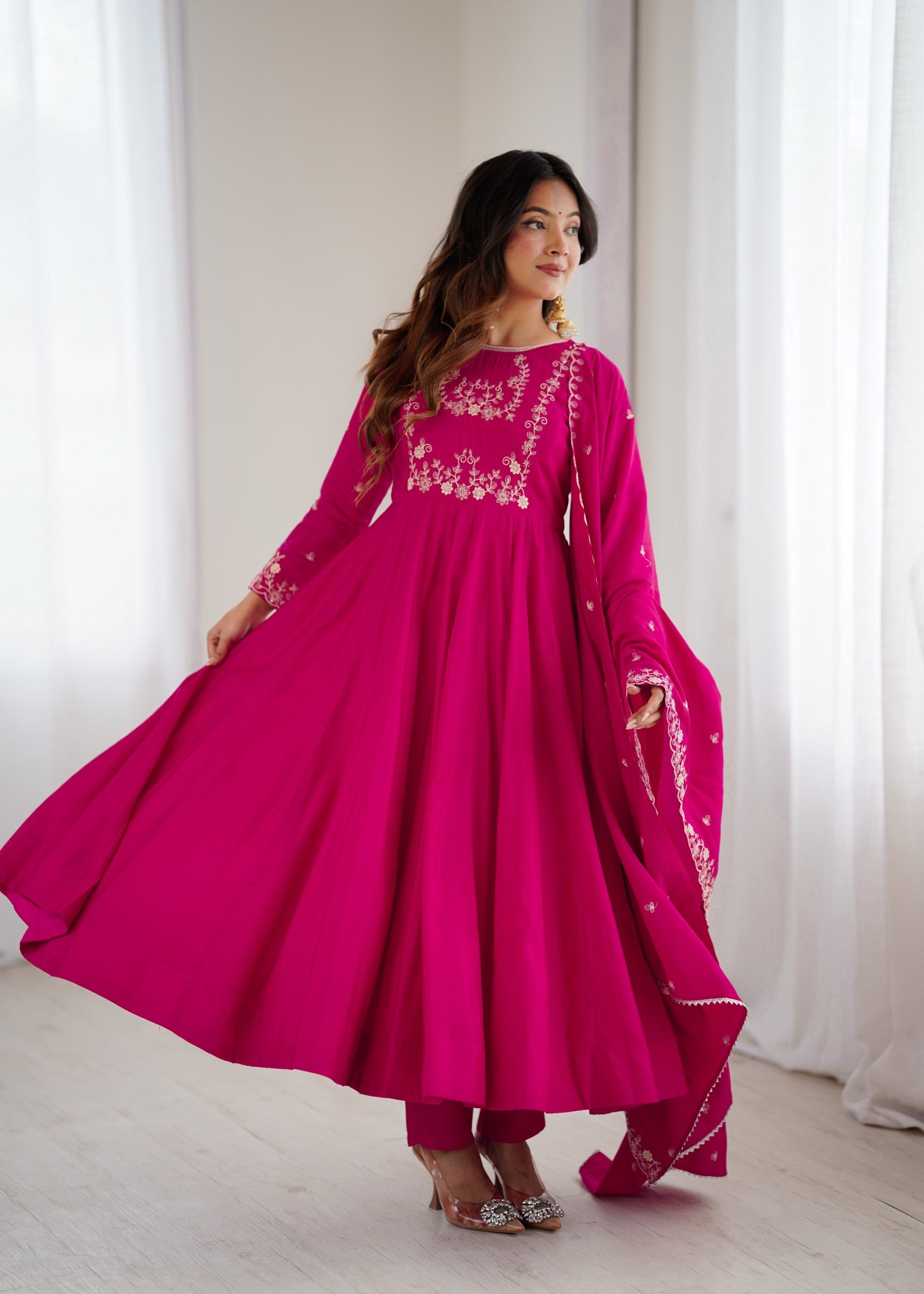 Lorenvalley Fashion Darkpink Pure Roman Chanderi Silk Yoke Fancy Handwork Beads Work Anarkali Gown Pant With Dupatta Set 