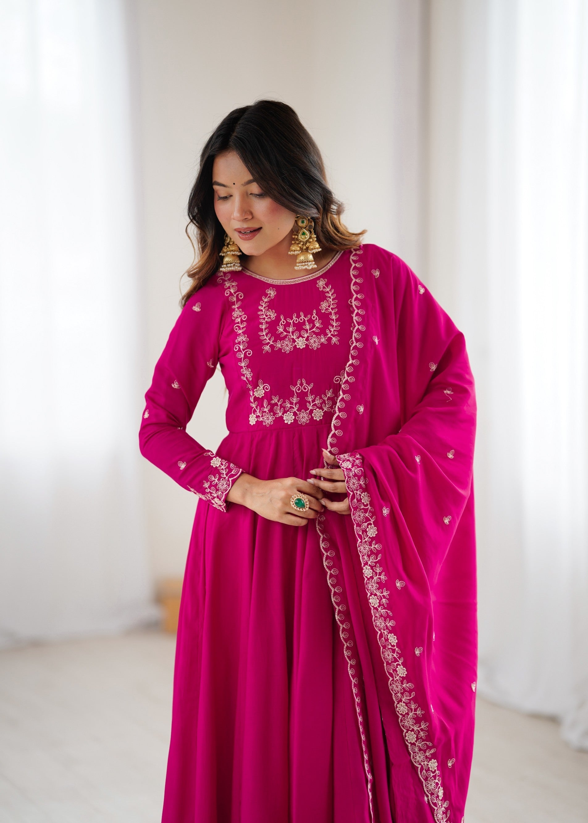 Lorenvalley Fashion Darkpink Pure Roman Chanderi Silk Yoke Fancy Handwork Beads Work Anarkali Gown Pant With Dupatta Set 