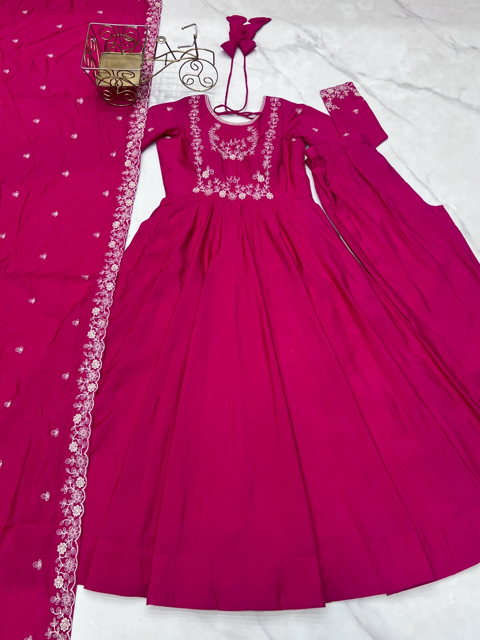 Lorenvalley Fashion Darkpink Pure Roman Chanderi Silk Yoke Fancy Handwork Beads Work Anarkali Gown Pant With Dupatta Set 