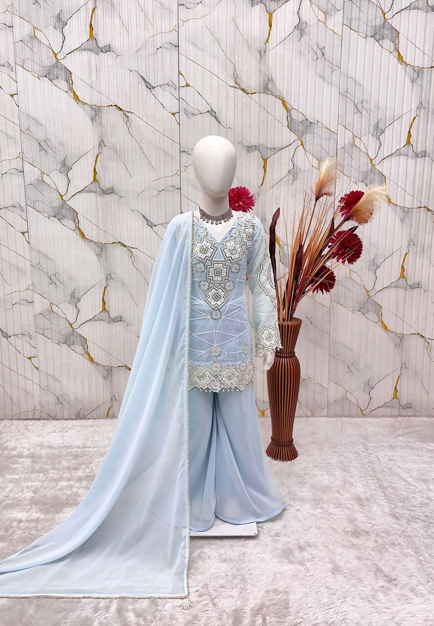 Teeya Creation New Kids Latest Trendy Kurta Palazzo Set-Blue