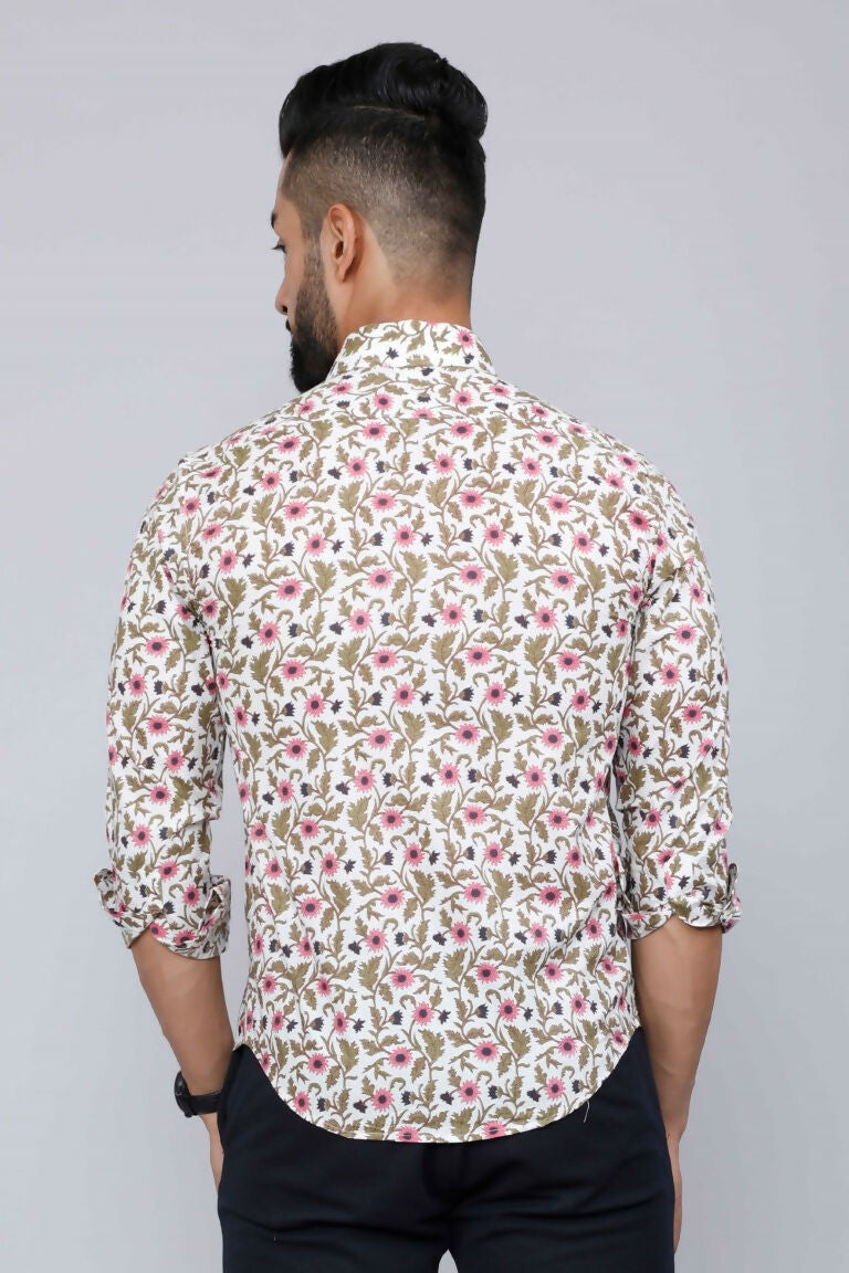 Miravan Men's Cotton Printed Full Sleeve Slim Fit Spread Neck White & Pink Colour Shirt 