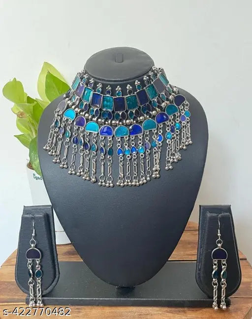 Tehzeeb Creations Women's Silver Colour Oxidised Necklace Set With Blue Colour Meenakari Work Tehzeeb Creations