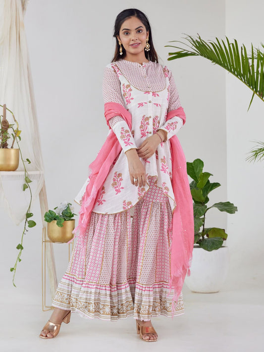 HERE&NOW Women White Floral Printed Kurta with Sharara With Dupatta