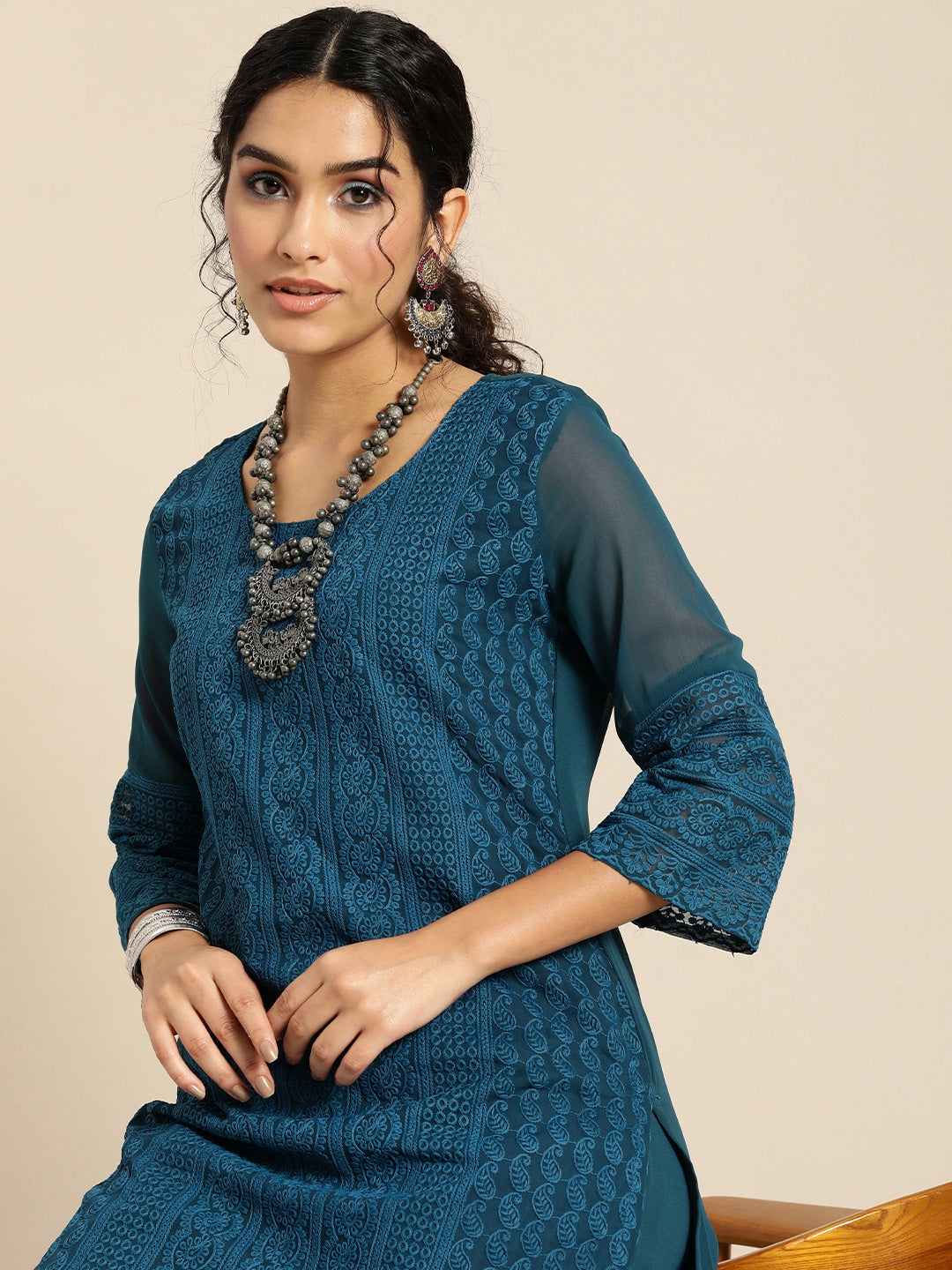 Sangria Women Teal Blue Ethnic Motifs Chikankari Kurta with Palazzos 