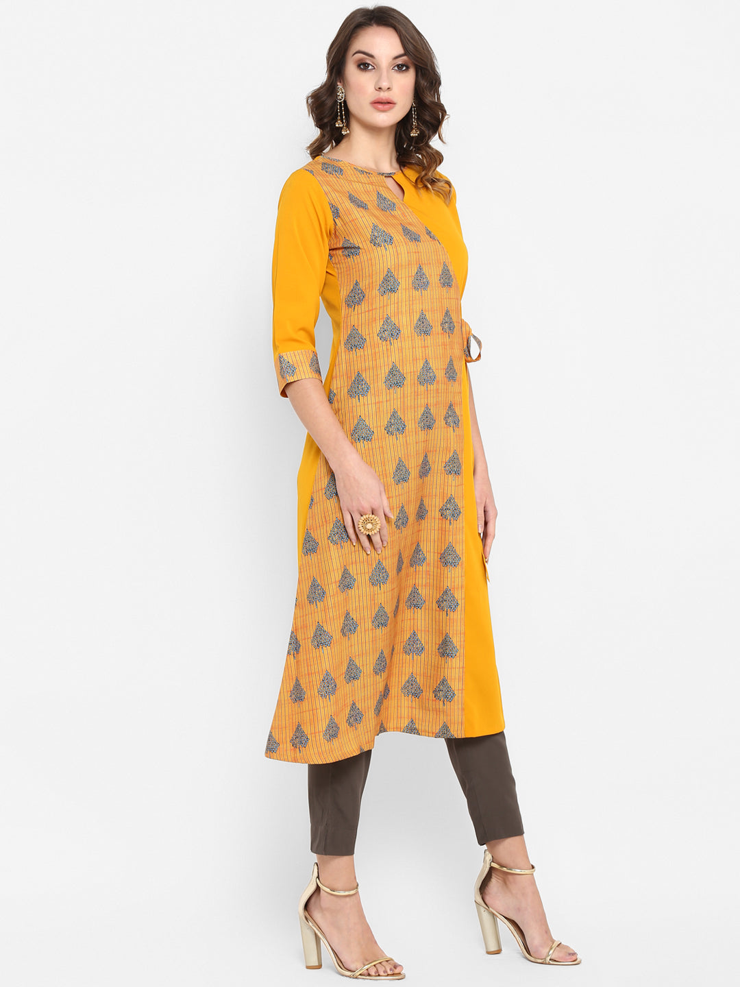 Janasya Women Mustard Yellow & Blue Printed A-Line Kurta