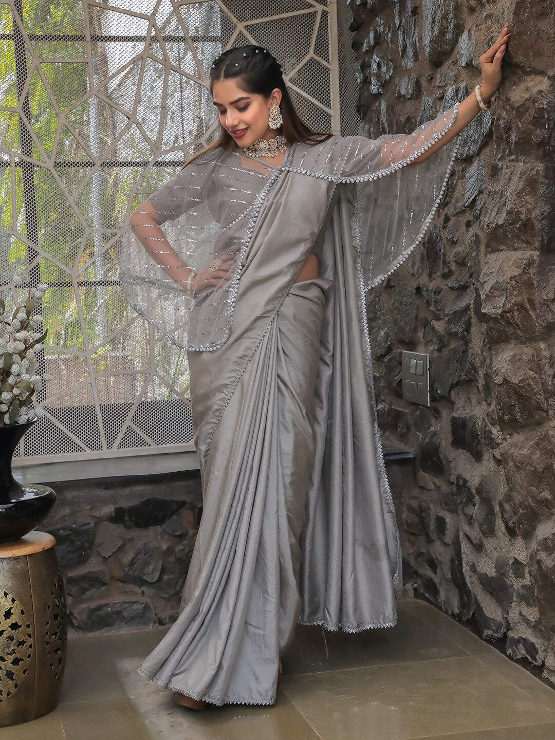 Tikhi Imli Embellished Border Sequinned Grab2Buy With Cape 