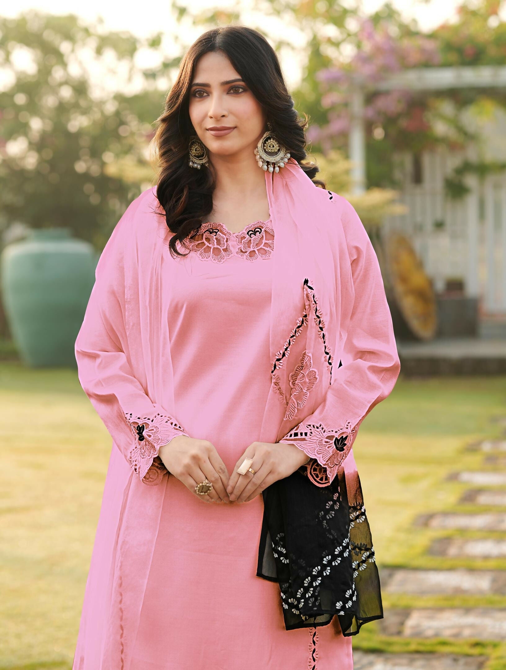 Nikhaar Light Pink Embroidered Art Silk Stitched Straight Cut Kurta Palazzo Dupatta Readymade Suit