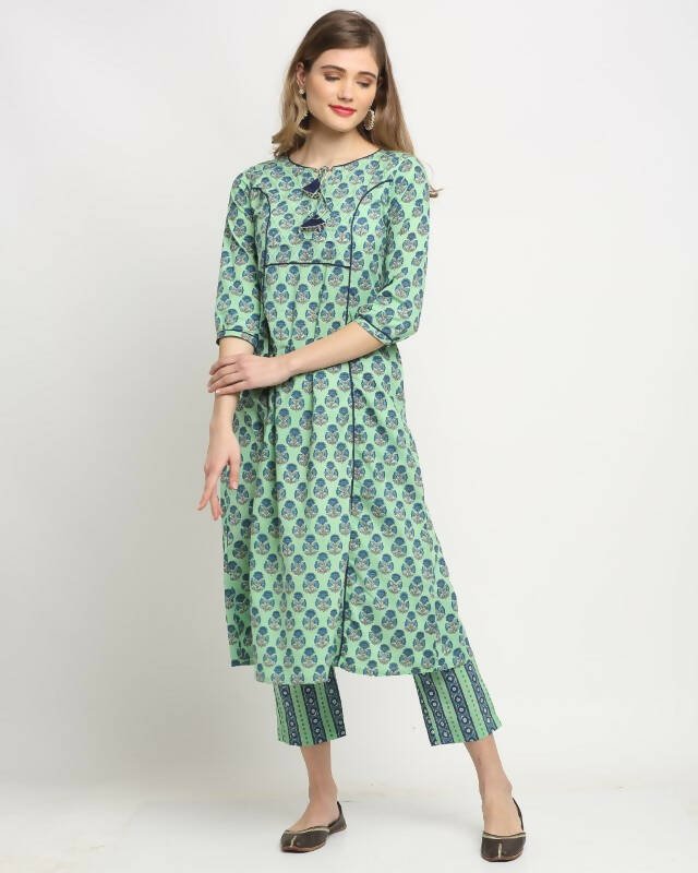 Aastha Fashion Women's Pista Green Cotton Jaipuri Printed Kurta with Trouser & Dupatta - Grab2buy