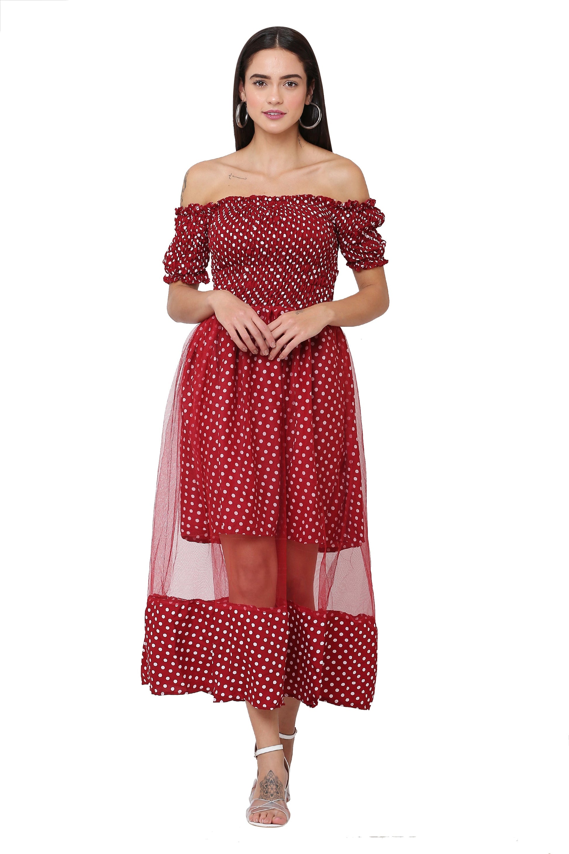 PAVONINE Maroon Color Polka Dot Net Kansai Dress For Women