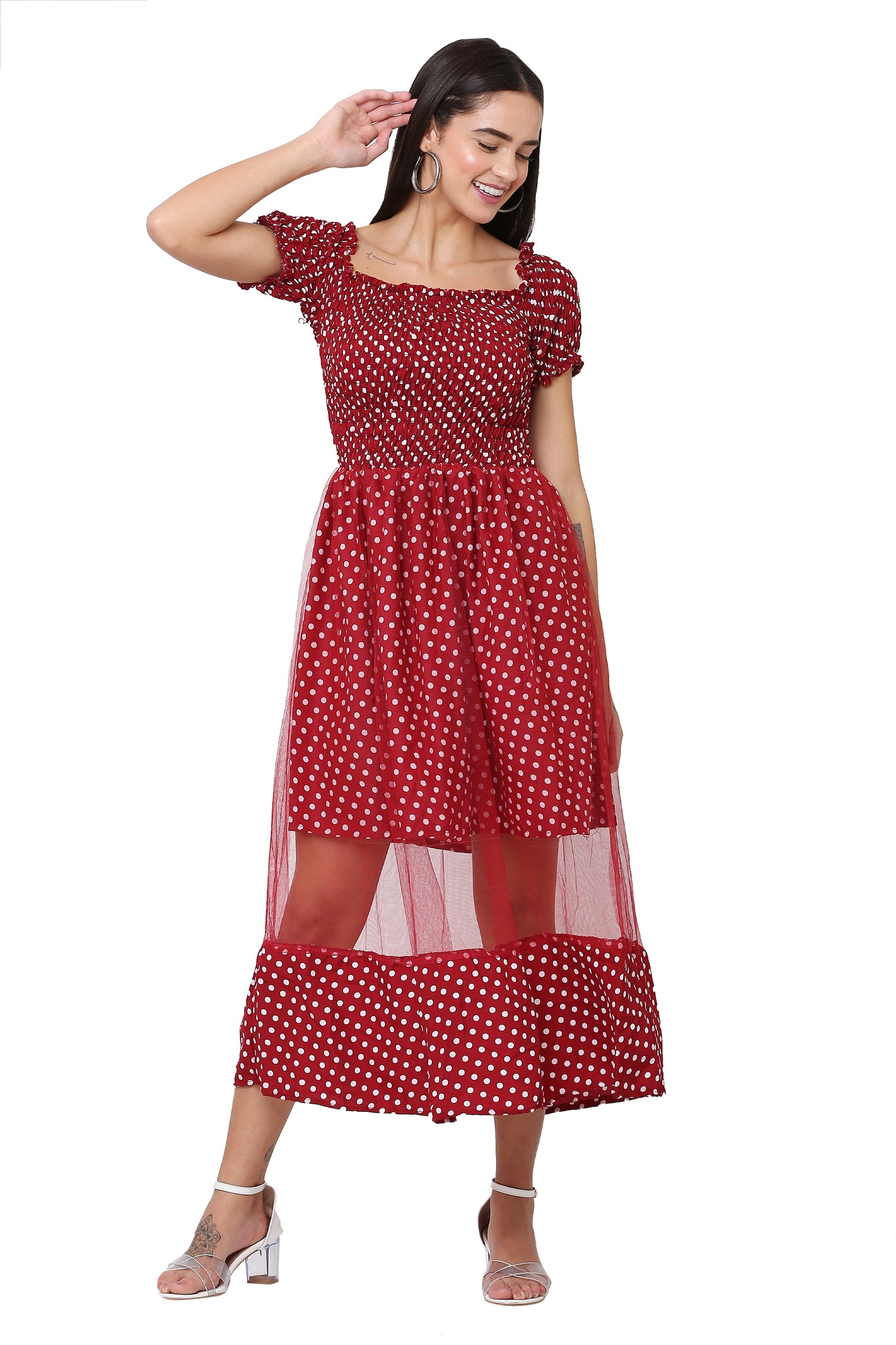 PAVONINE Maroon Color Polka Dot Net Kansai Dress For Women
