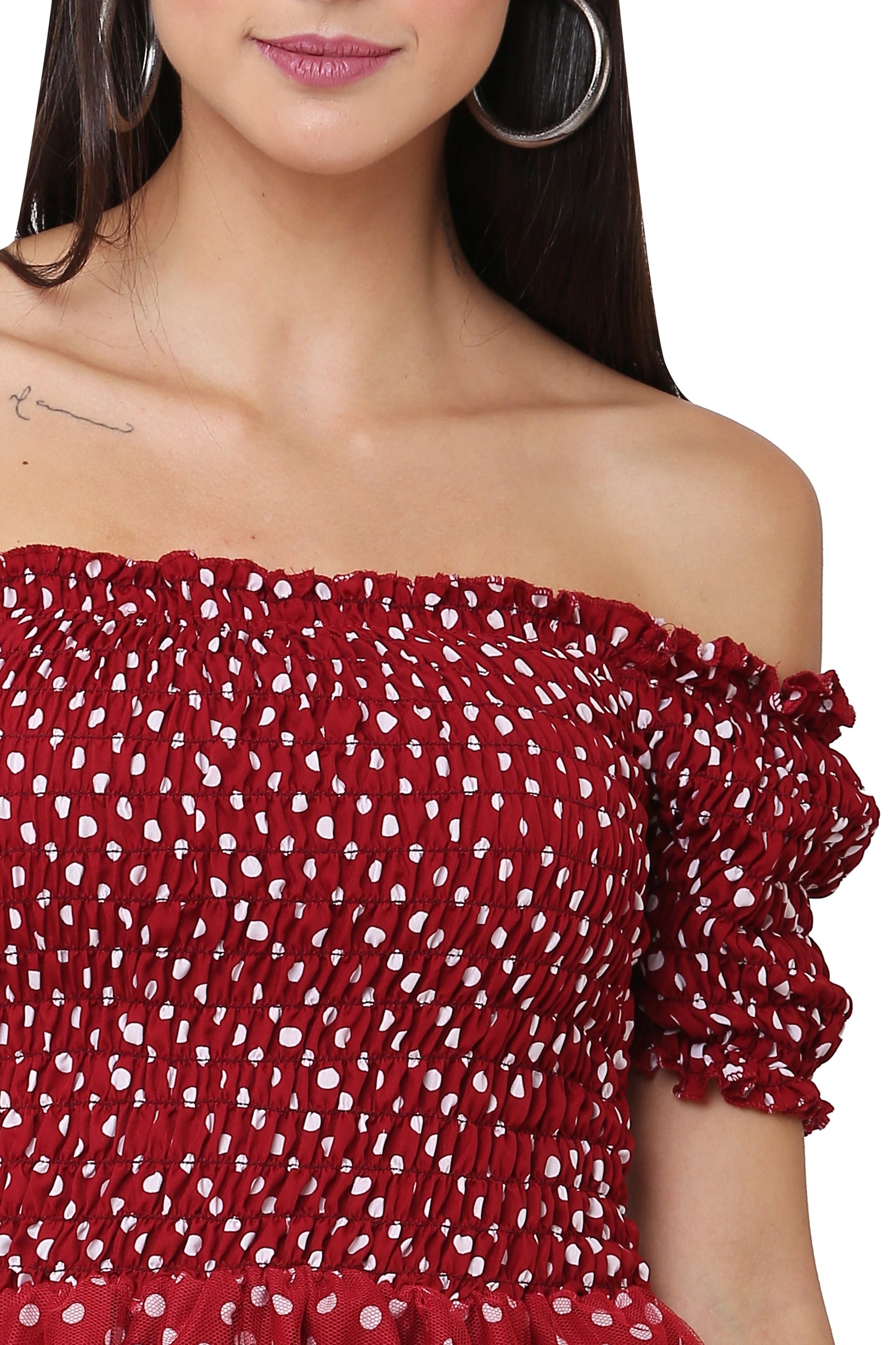 PAVONINE Maroon Color Polka Dot Net Kansai Dress For Women
