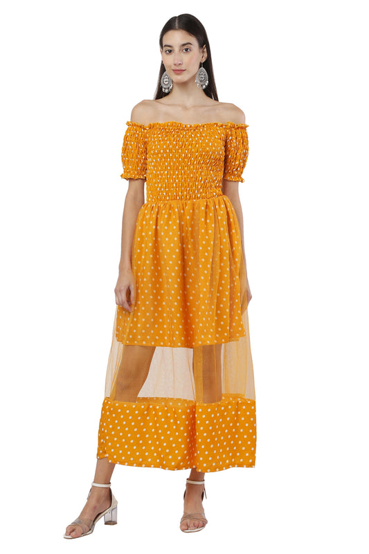 PAVONINE Mustard Color Polka Dot Net Kansai Dress For Women