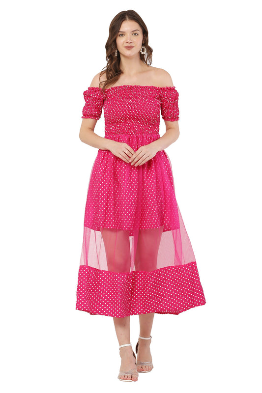 PAVONINE Rani Color Polka Dot Net Kansai Dress For Women