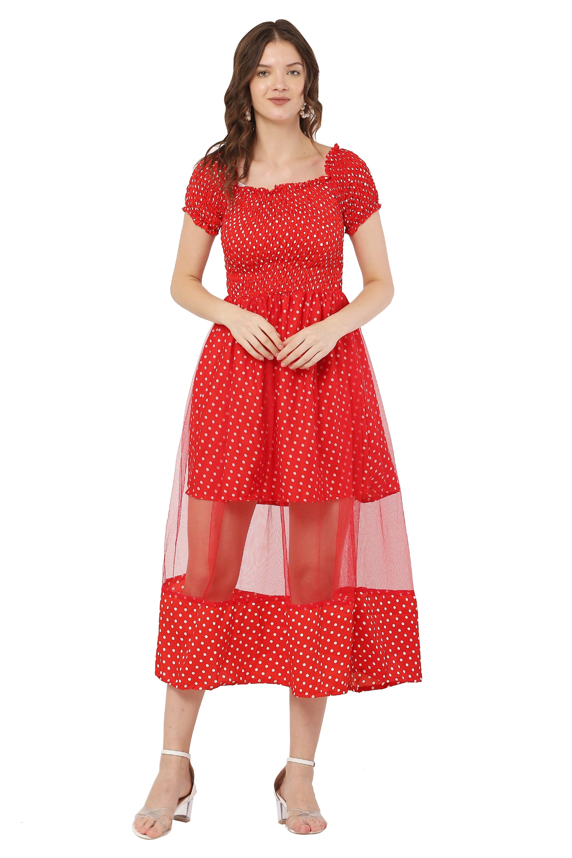 PAVONINE Red Color Polka Dot Net Kansai Dress For Women