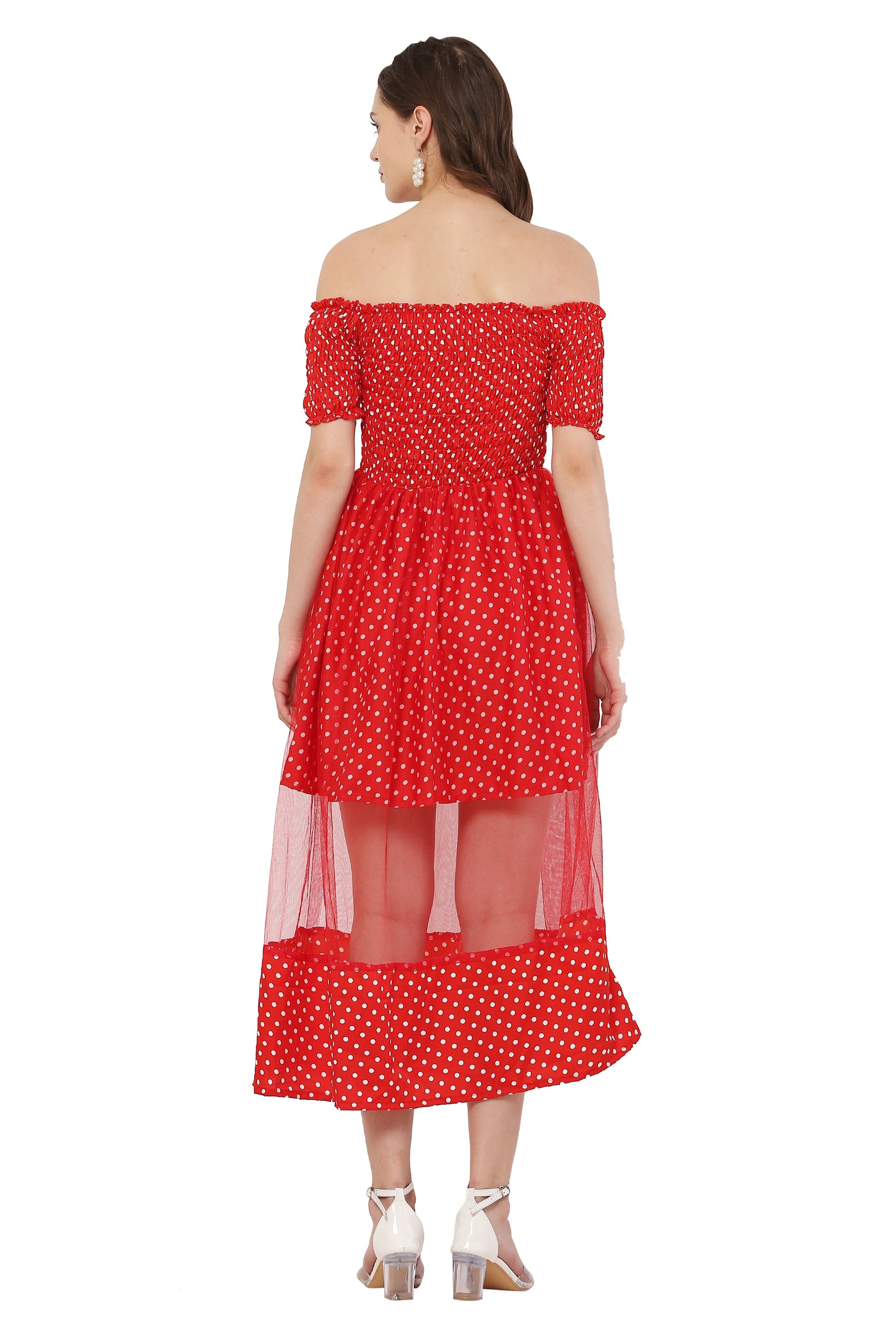 PAVONINE Red Color Polka Dot Net Kansai Dress For Women