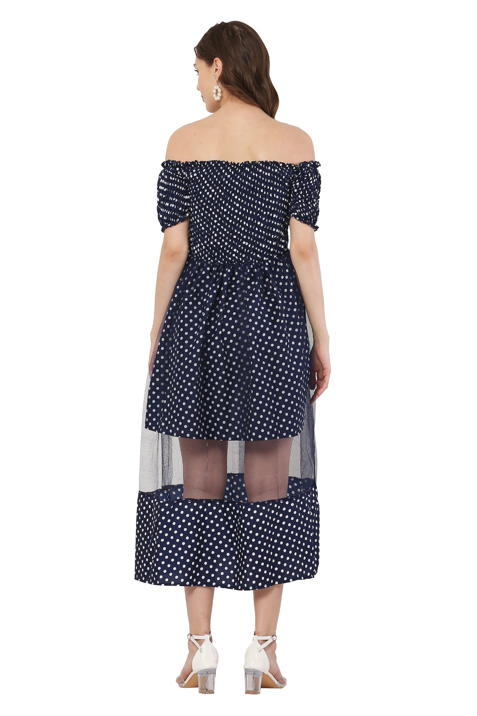 PAVONINE Navy Blue Color Polka Dot Net Kansai Dress For Women