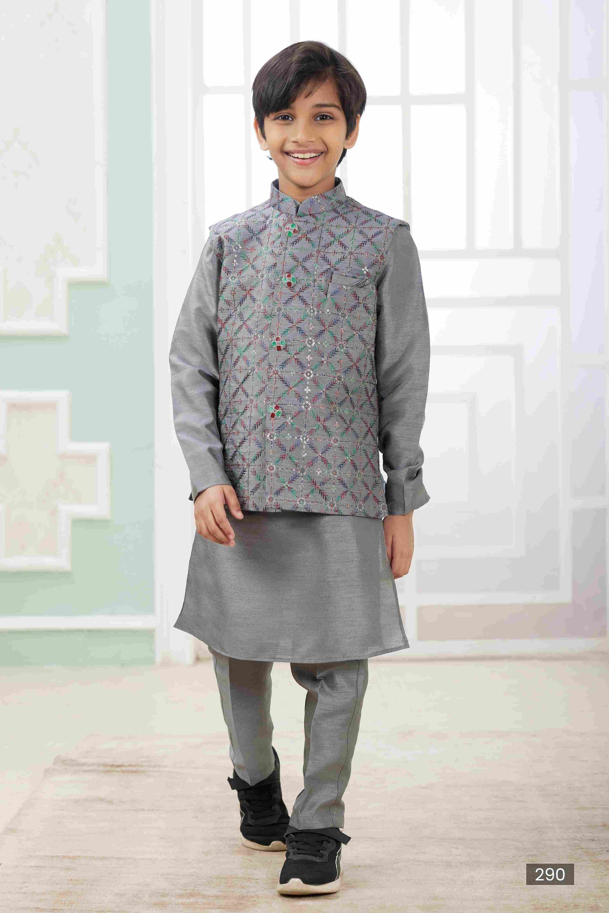 Raivat Ethnic Art Silk Embroidery Work 3 Pics Jacket Set In Dark Grey Colour