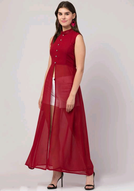 PAVONINE Maroon Color Shining Buttons Net Fabric Slit Dress For Women