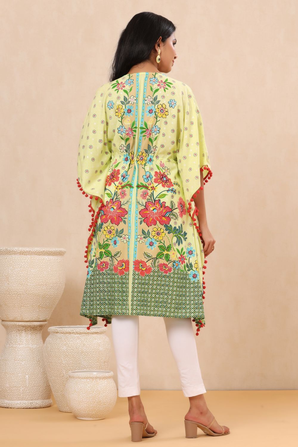 Juniper Womens Lime Yellow Rayon Multi Color Floral Printed Kaftan