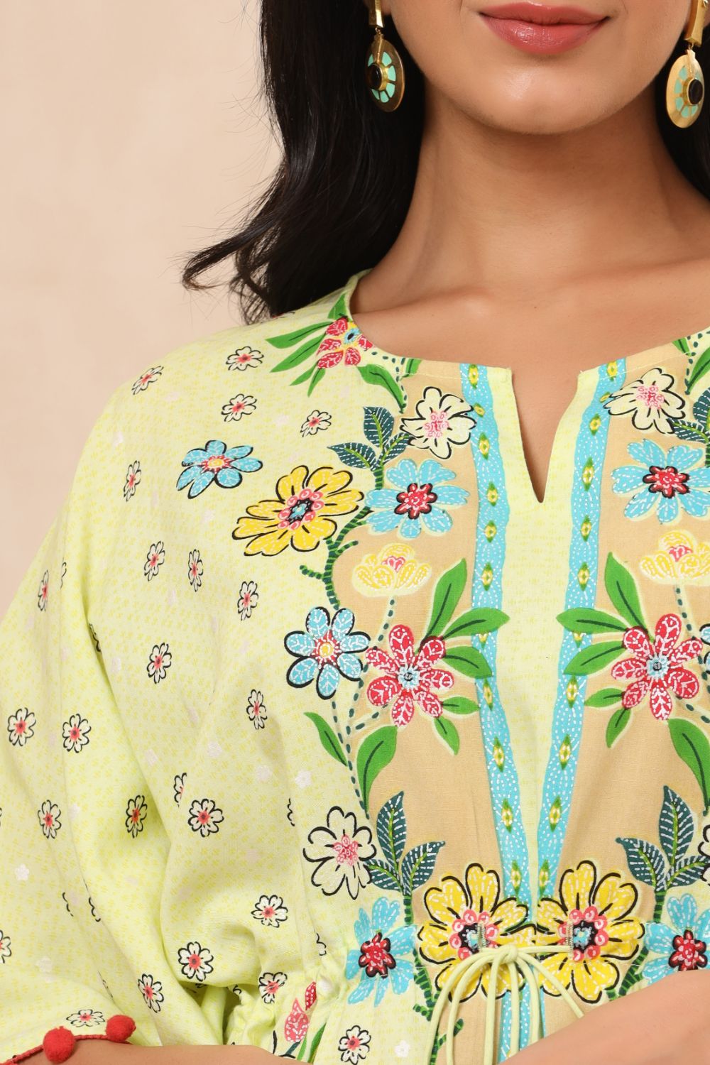 Juniper Womens Lime Yellow Rayon Multi Color Floral Printed Kaftan