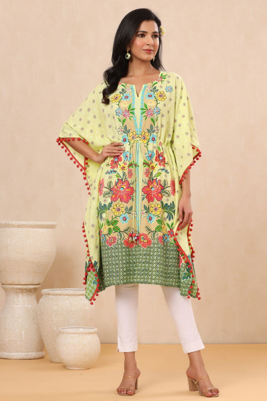 Juniper Womens Lime Yellow Rayon Multi Color Floral Printed Kaftan