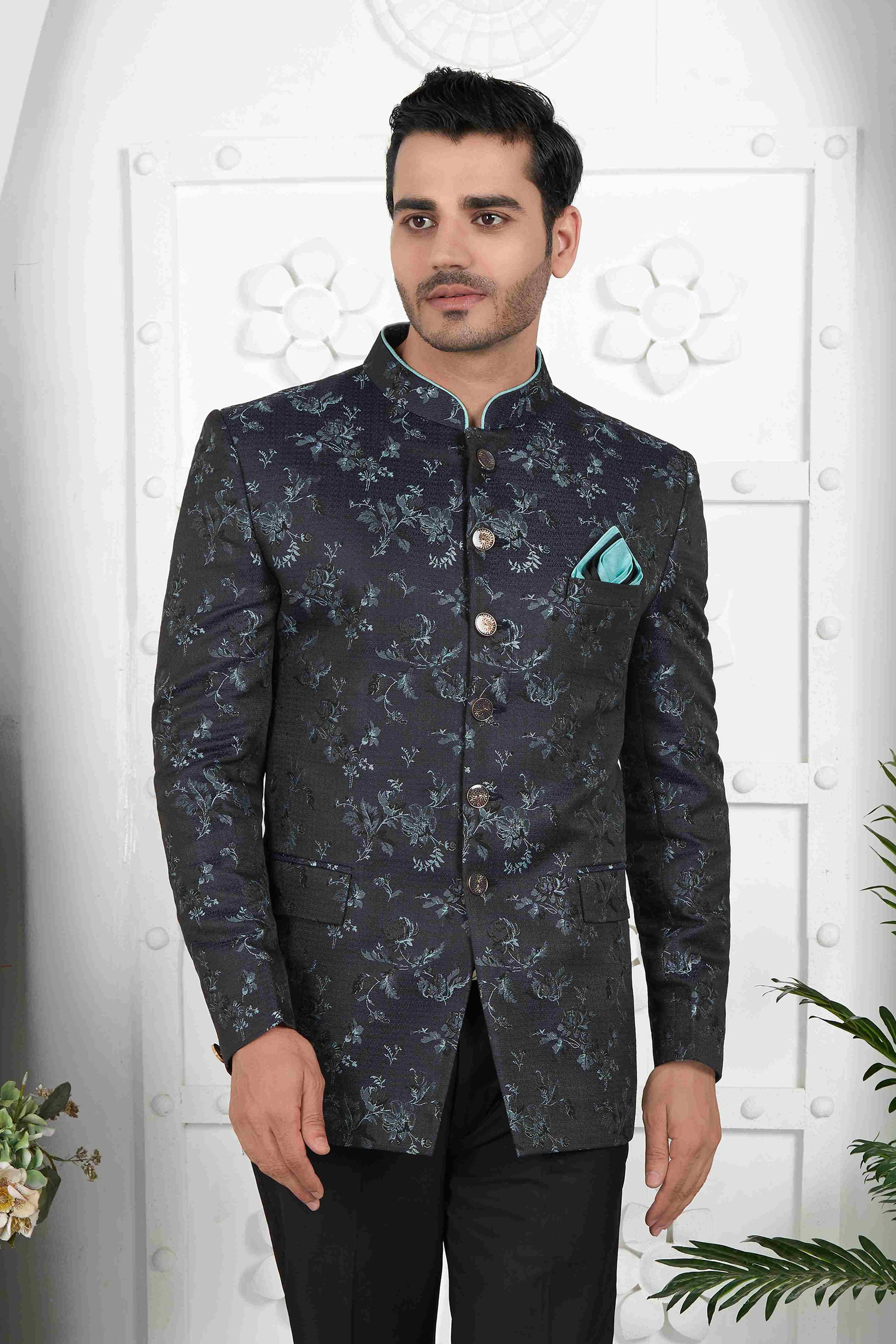 Raivat Ethnic Jacquard Silk Thread Work Jodhpuri In Black Colour
