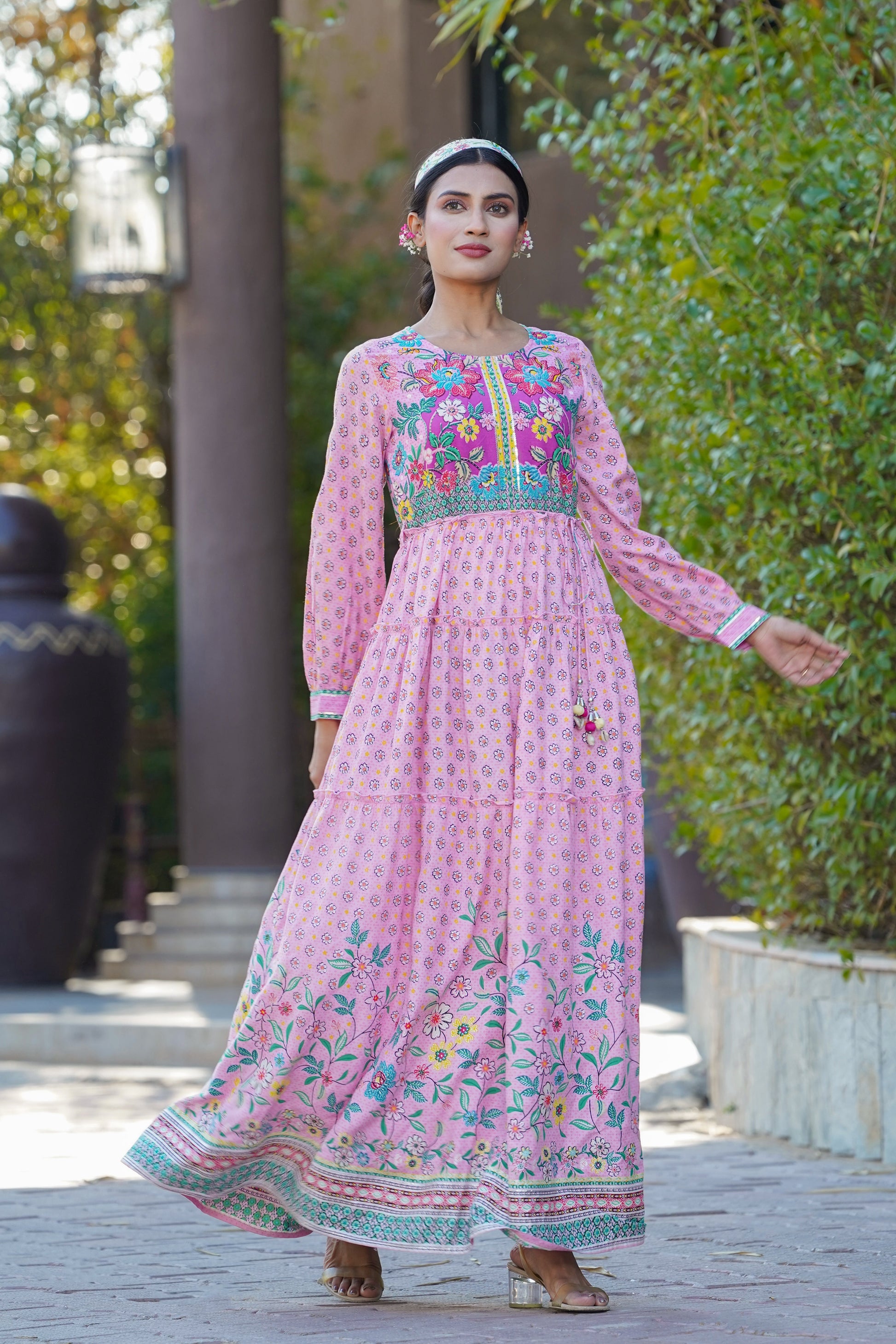 Juniper Womens Pink Cambric Floral Printed Tiered Maxi Dress