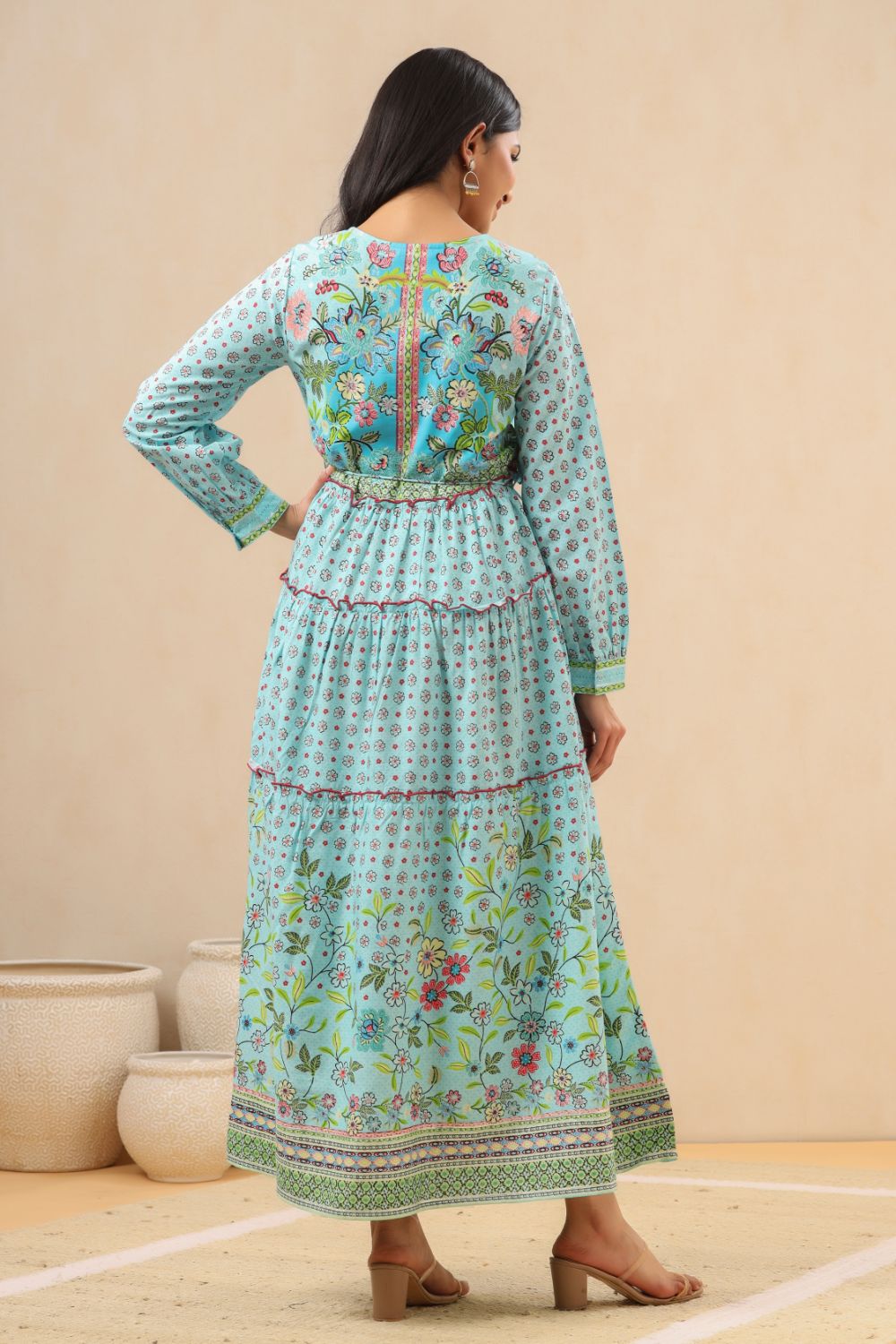 Juniper Womens Skyblue Rayon Floral Printed Tiered Dress