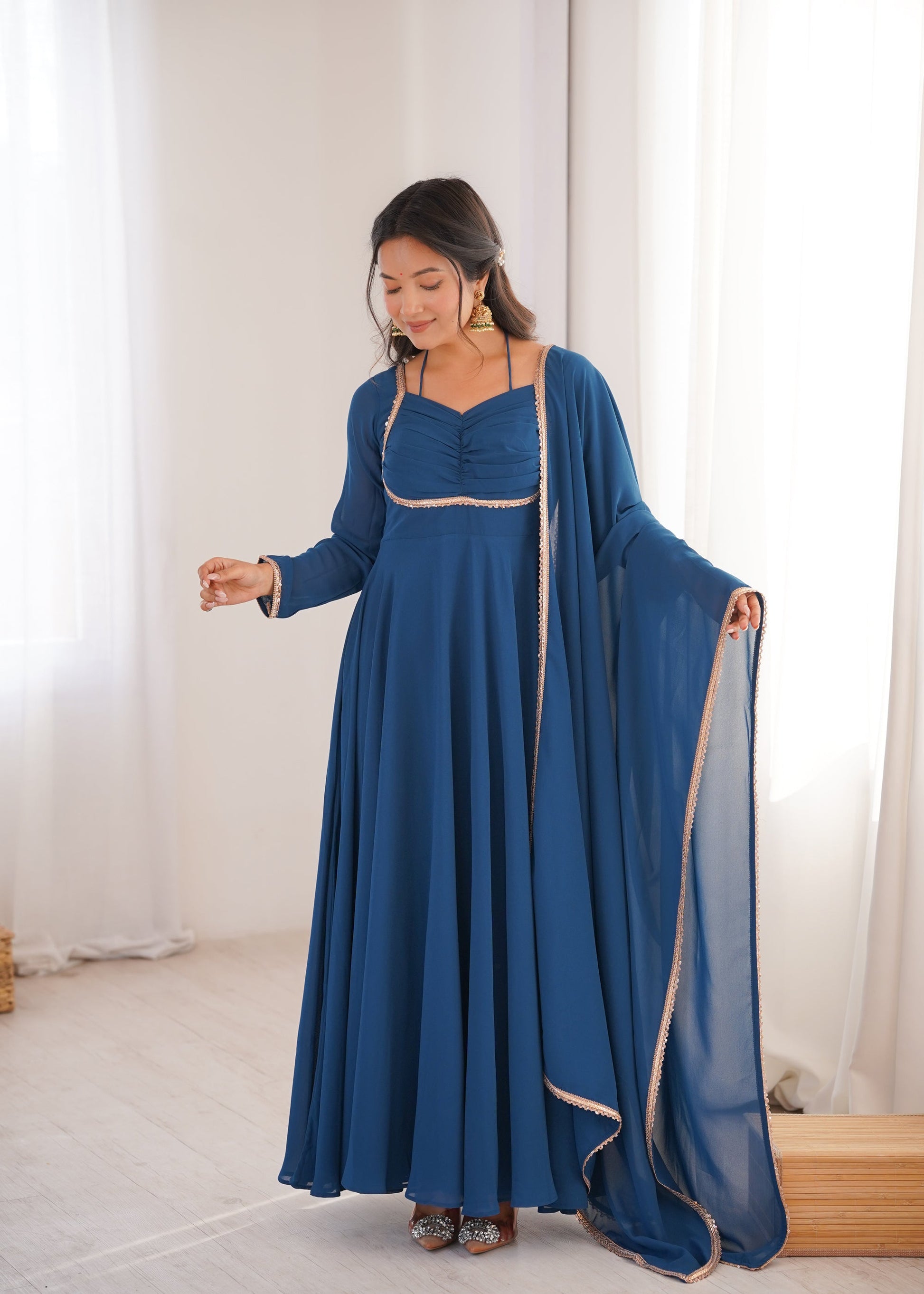 Lorenvalley Fashion Rama Faux Georgette Fancy Designer Yoke Dori Neck Anarkali Gown with Dupatta