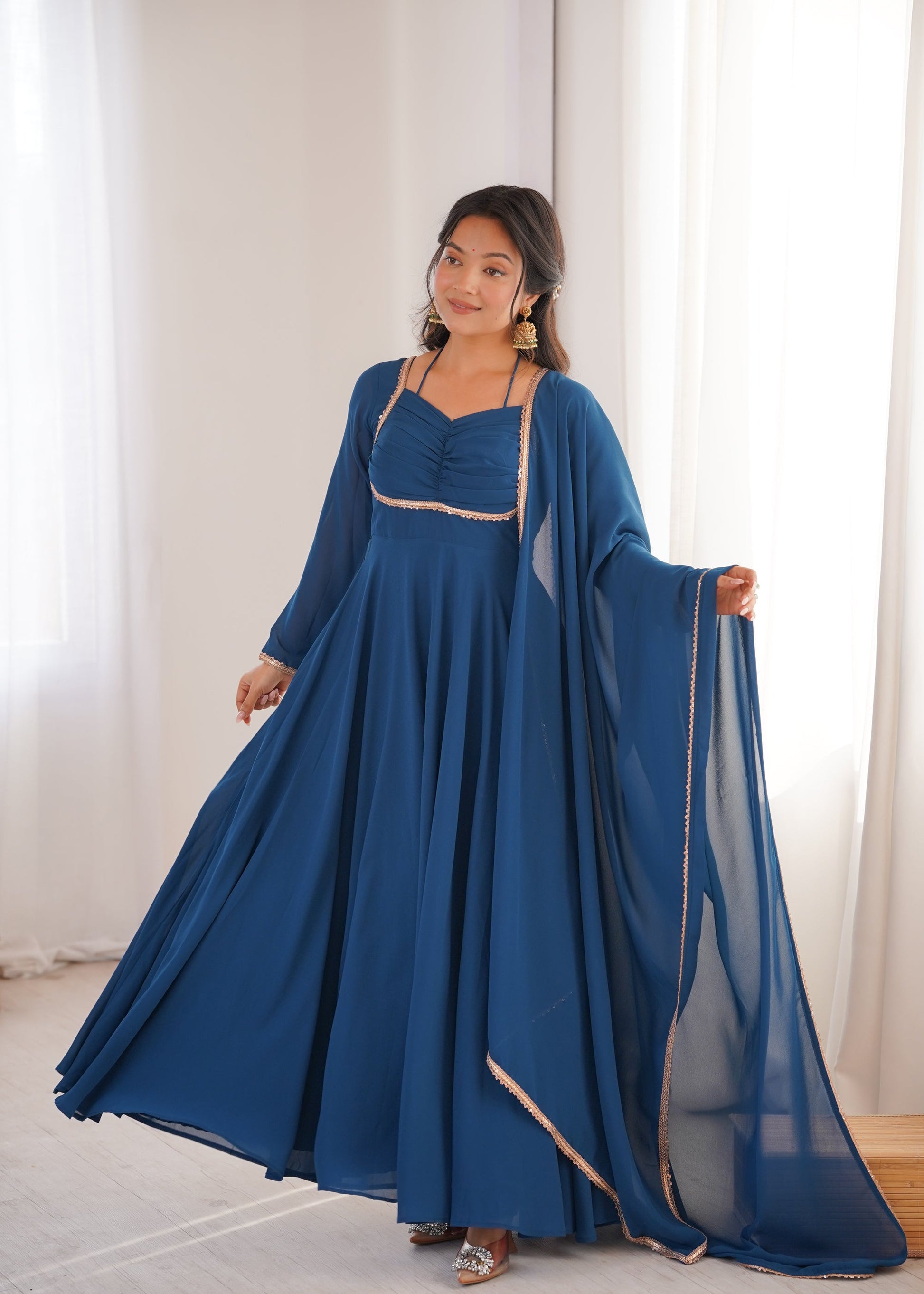 Lorenvalley Fashion Rama Faux Georgette Fancy Designer Yoke Dori Neck Anarkali Gown with Dupatta