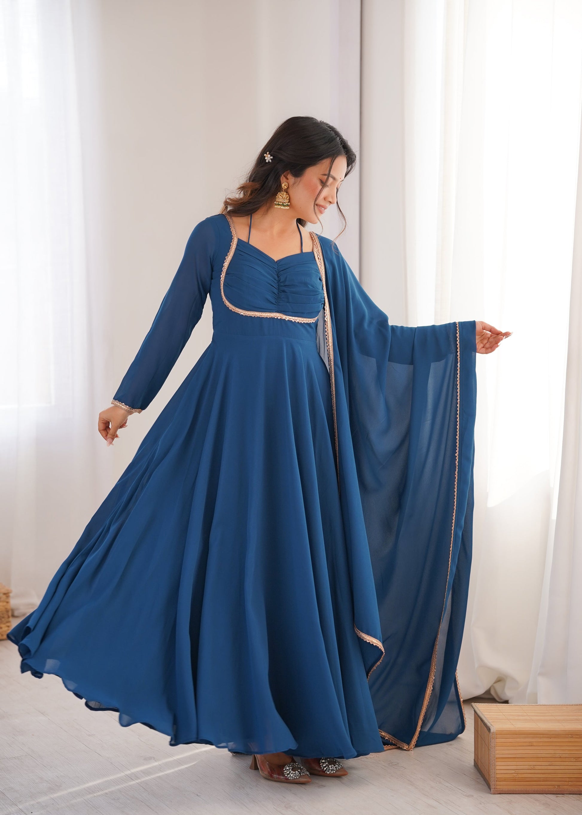 Lorenvalley Fashion Rama Faux Georgette Fancy Designer Yoke Dori Neck Anarkali Gown with Dupatta