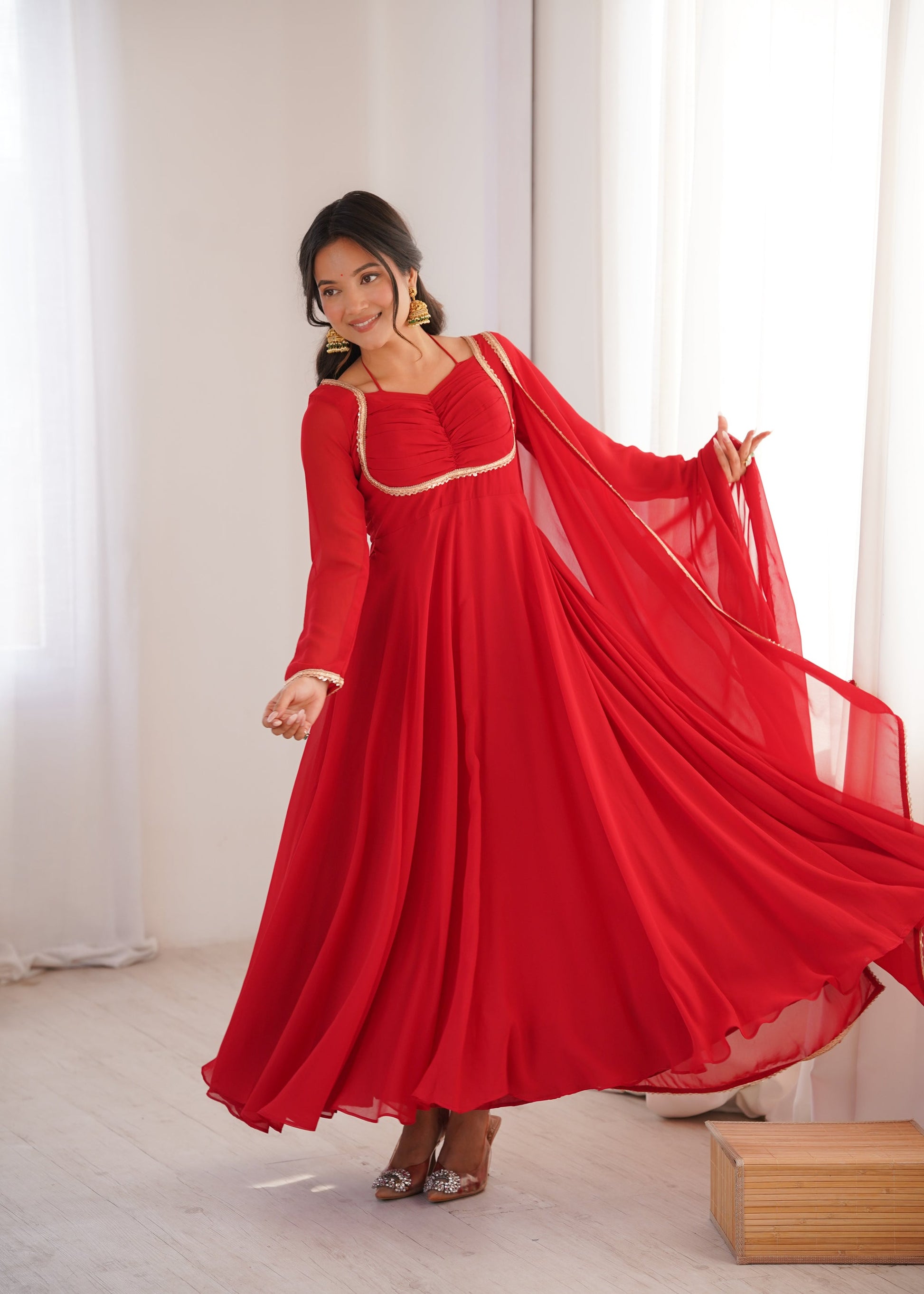 Lorenvalley Fashion Red Faux Georgette Fancy Designer Yoke Dori Neck Anarkali Gown with Dupatta