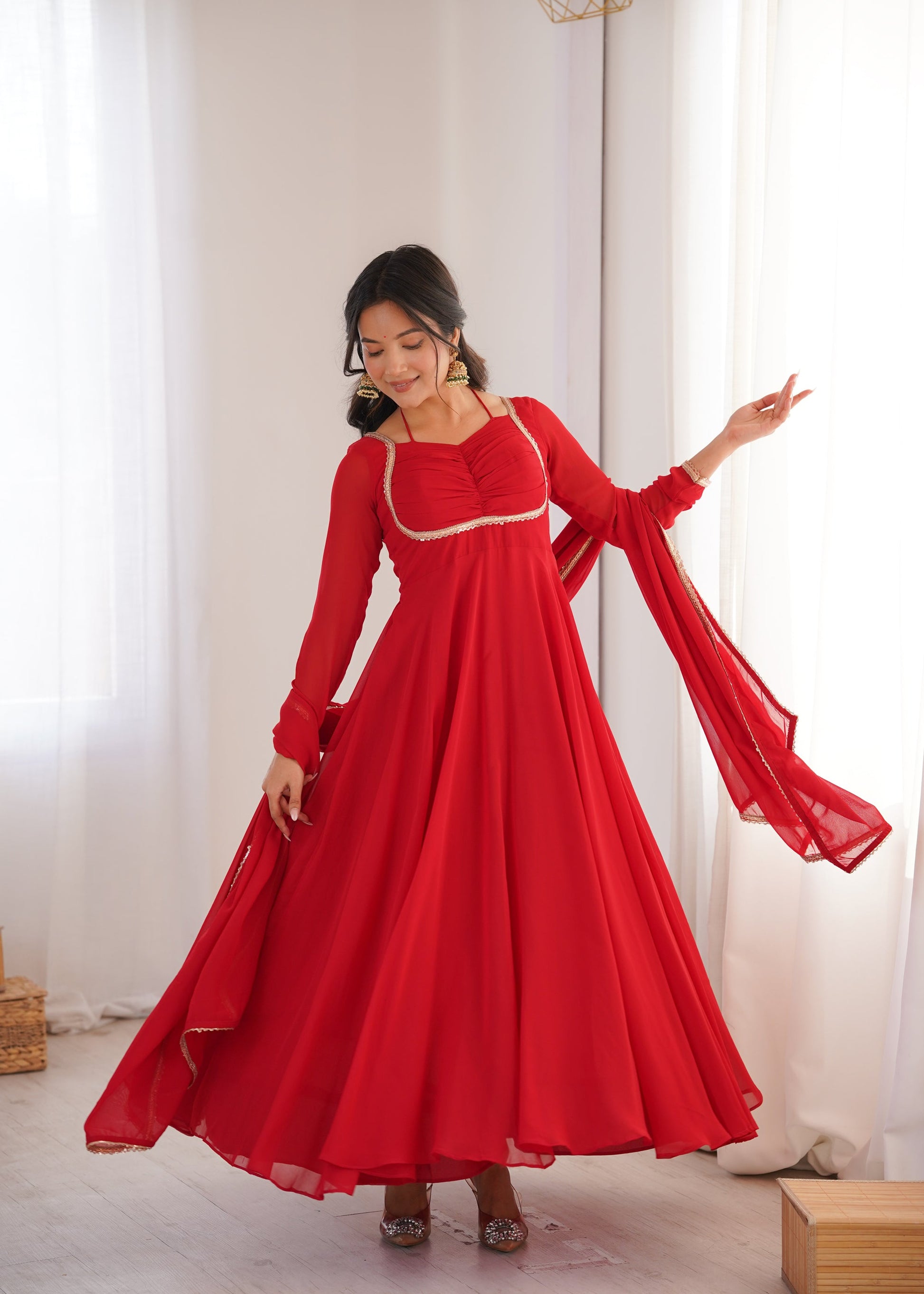 Lorenvalley Fashion Red Faux Georgette Fancy Designer Yoke Dori Neck Anarkali Gown with Dupatta