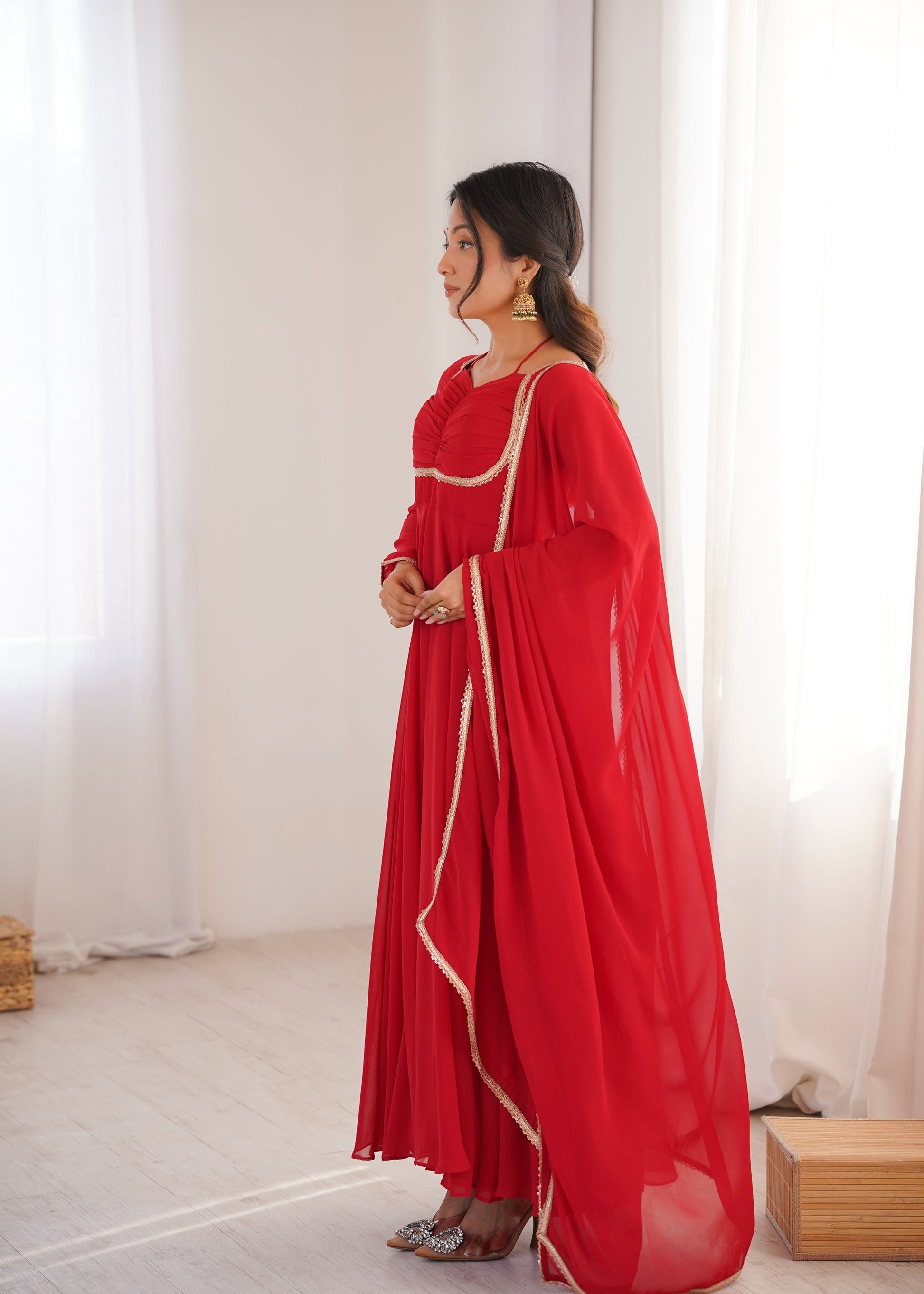 Lorenvalley Fashion Red Faux Georgette Fancy Designer Yoke Dori Neck Anarkali Gown with Dupatta