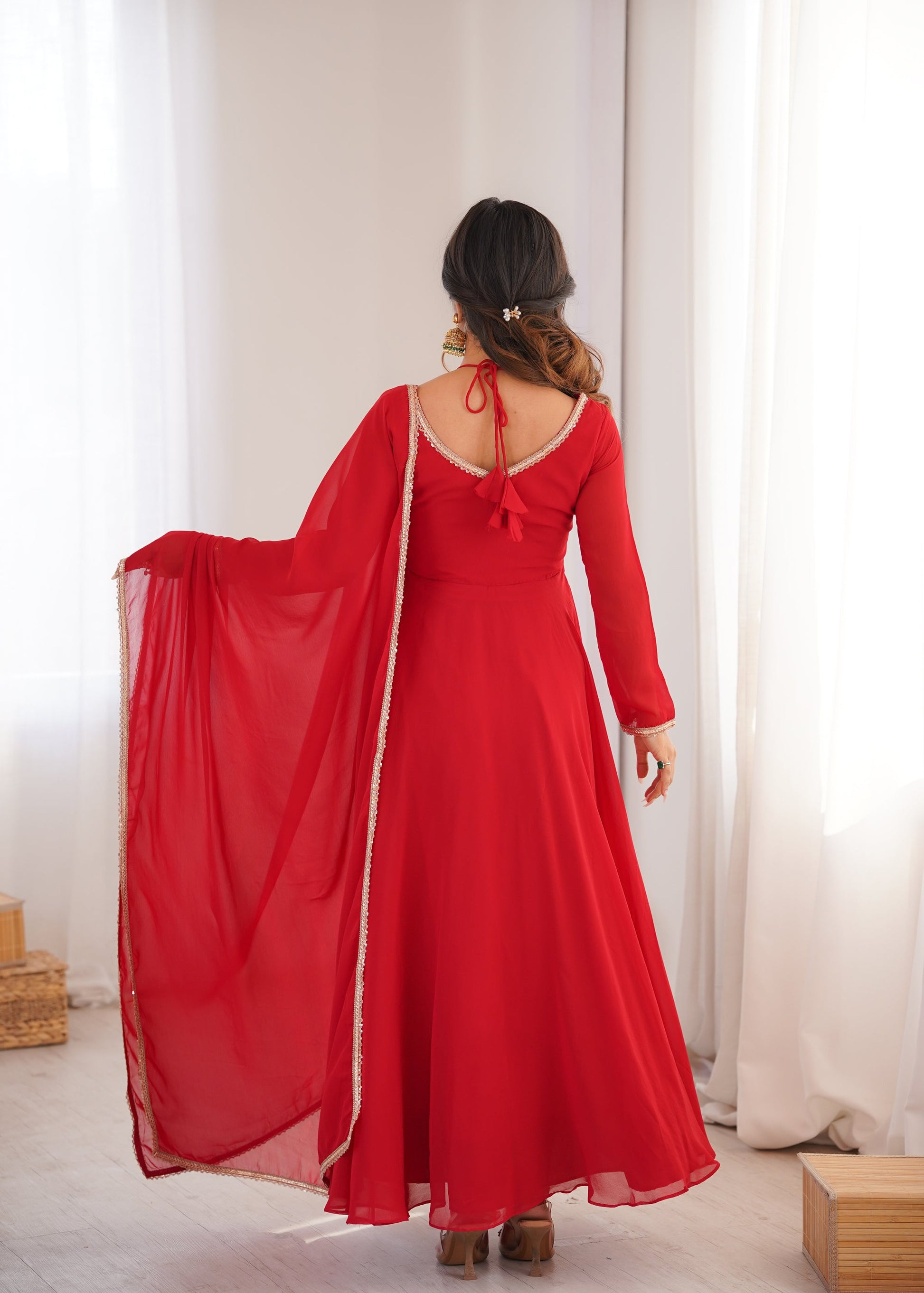 Lorenvalley Fashion Red Faux Georgette Fancy Designer Yoke Dori Neck Anarkali Gown with Dupatta