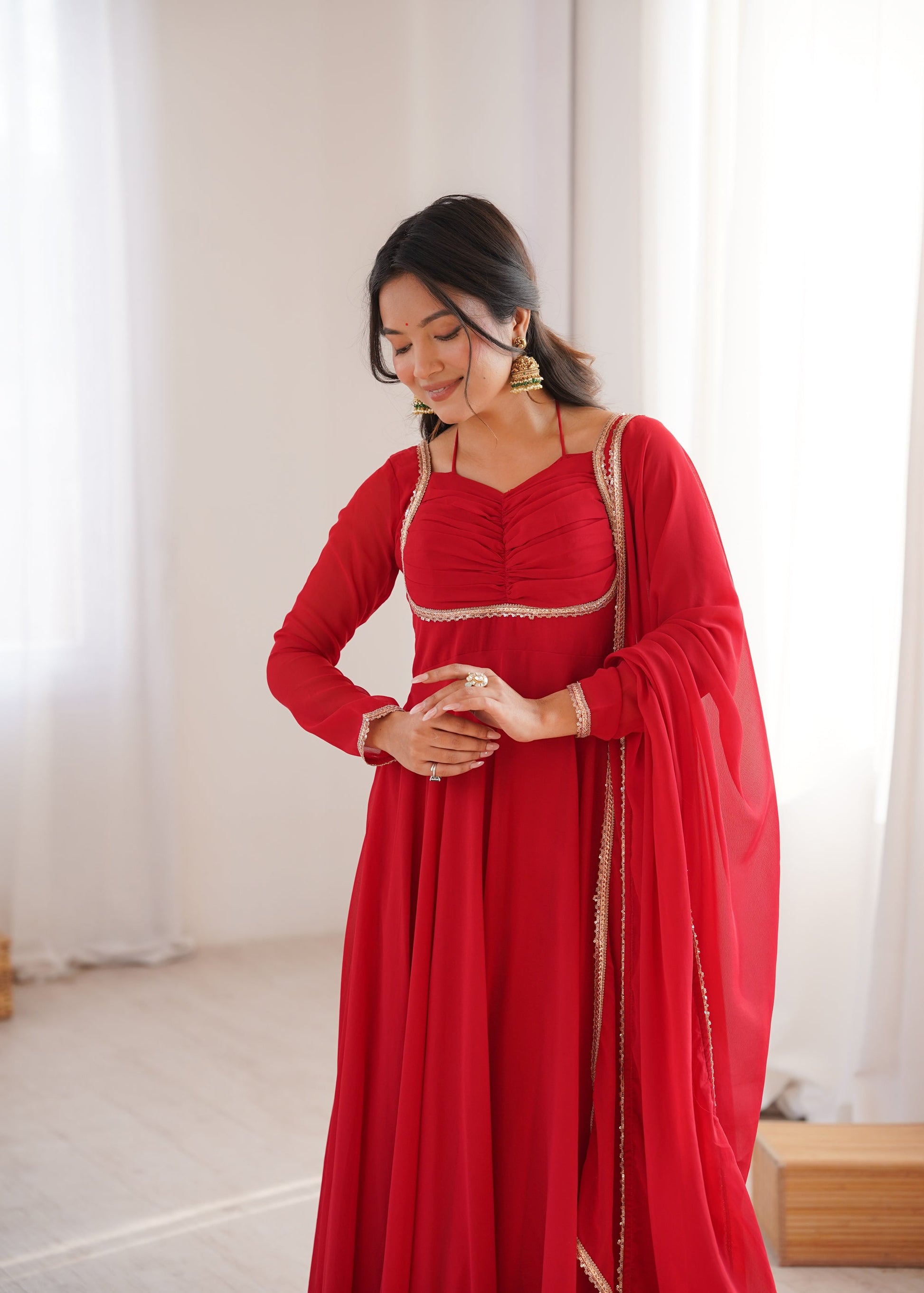 Lorenvalley Fashion Red Faux Georgette Fancy Designer Yoke Dori Neck Anarkali Gown with Dupatta