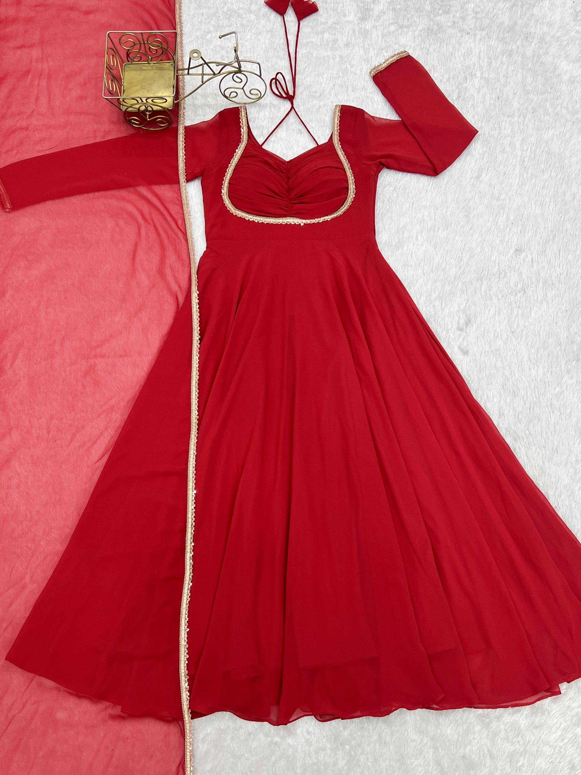 Lorenvalley Fashion Red Faux Georgette Fancy Designer Yoke Dori Neck Anarkali Gown with Dupatta