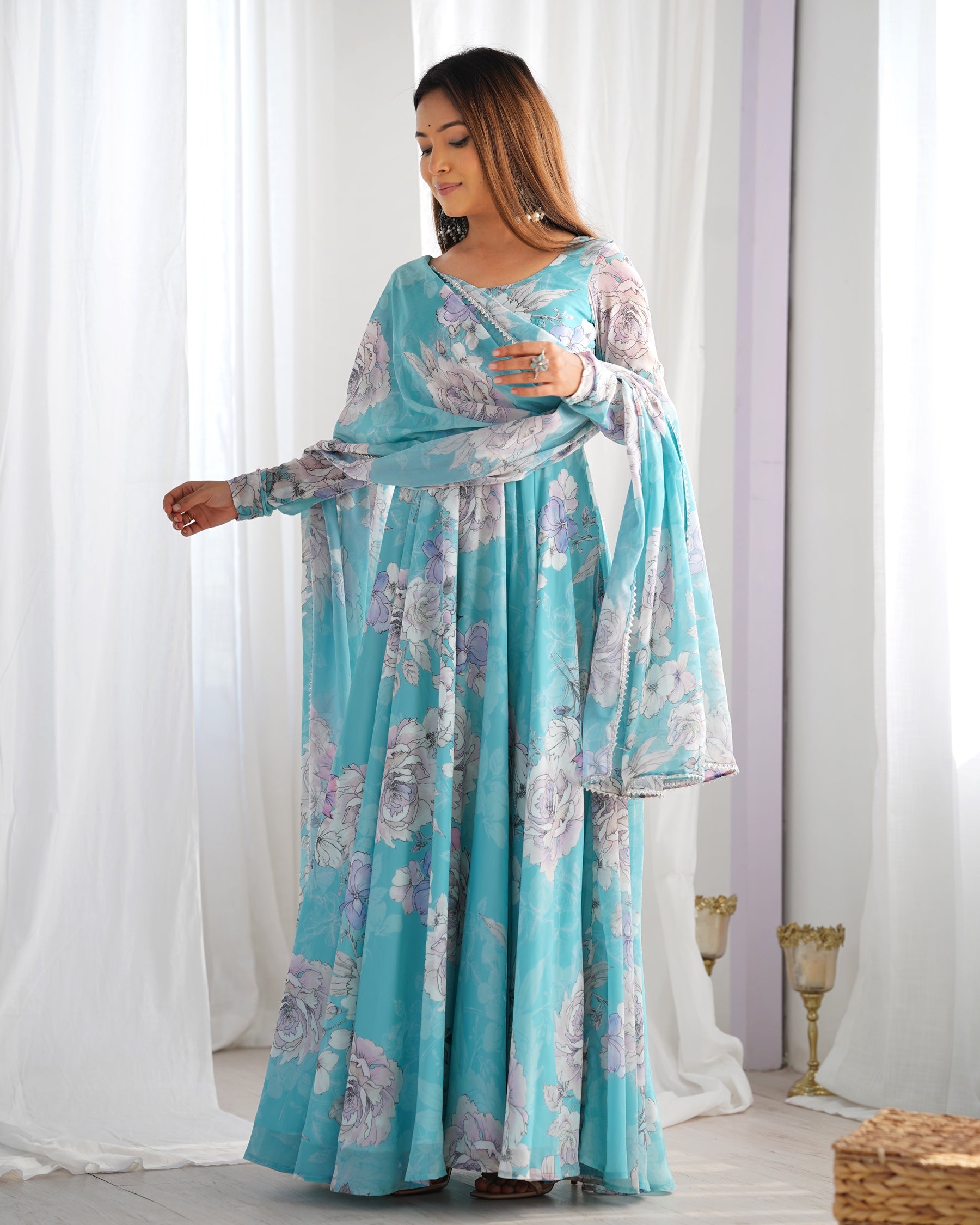 Lorenvalley Fashion Sky Blue Faux Georgette Floral Print 7 Meter Anarkali Gown with Dupatta