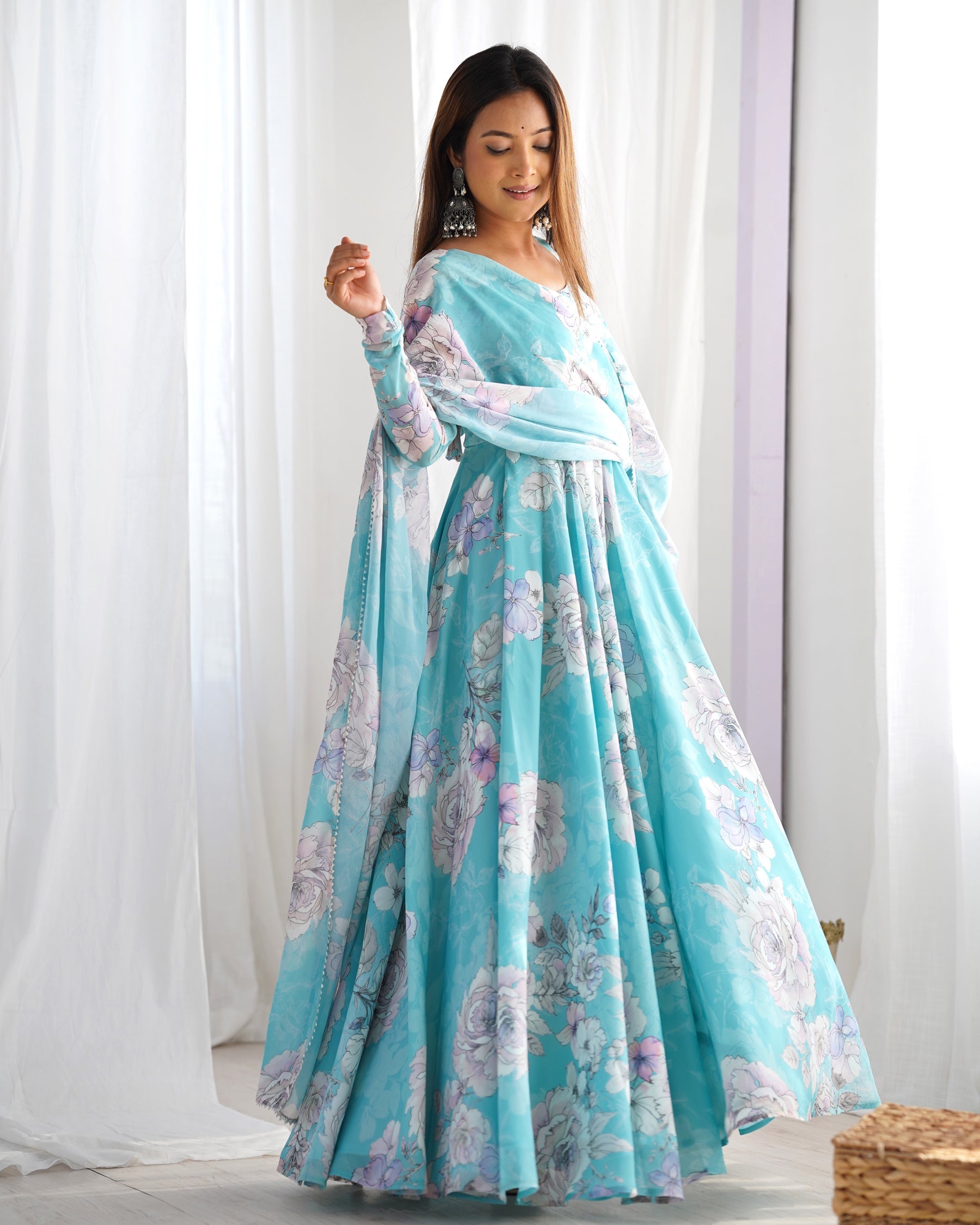 Lorenvalley Fashion Sky Blue Faux Georgette Floral Print 7 Meter Anarkali Gown with Dupatta